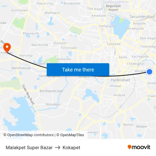Malakpet Super Bazar to Kokapet map