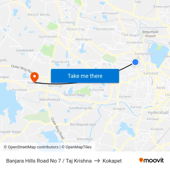 Banjara Hills Road No 7 / Taj Krishna to Kokapet map