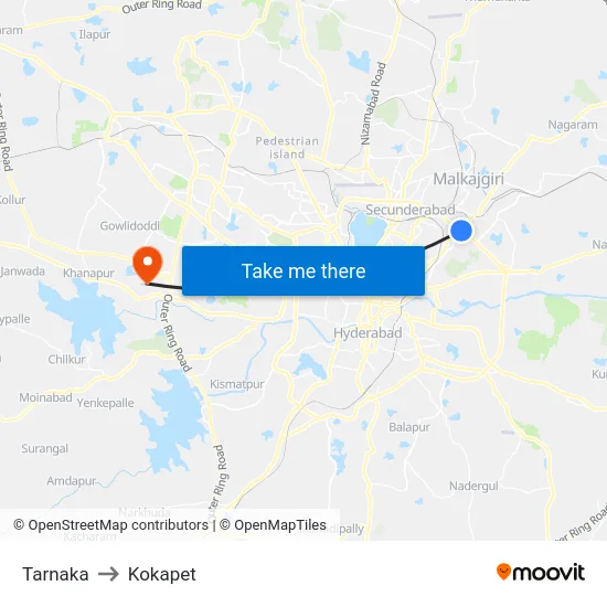 Tarnaka to Kokapet map