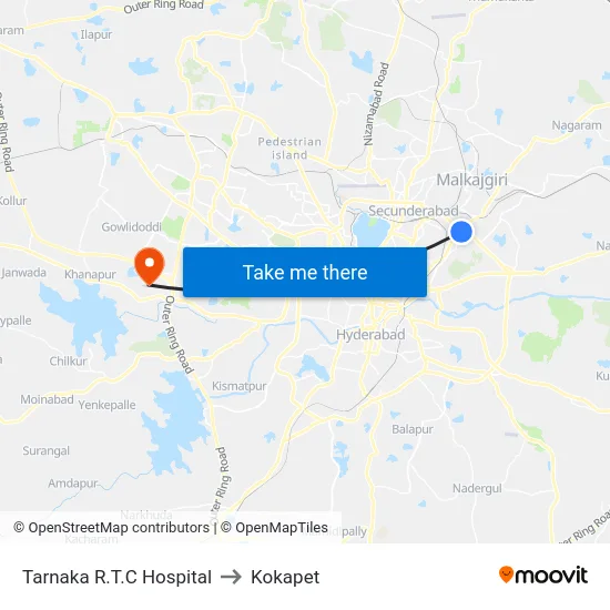 Tarnaka R.T.C Hospital to Kokapet map