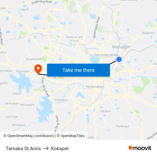 Tarnaka St.Anns to Kokapet map