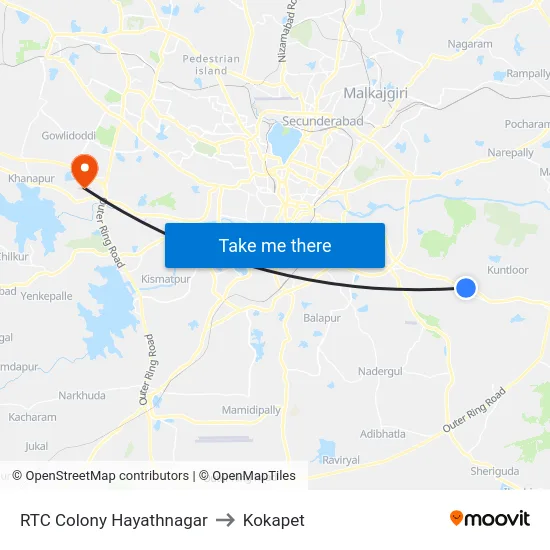 RTC Colony Hayathnagar to Kokapet map