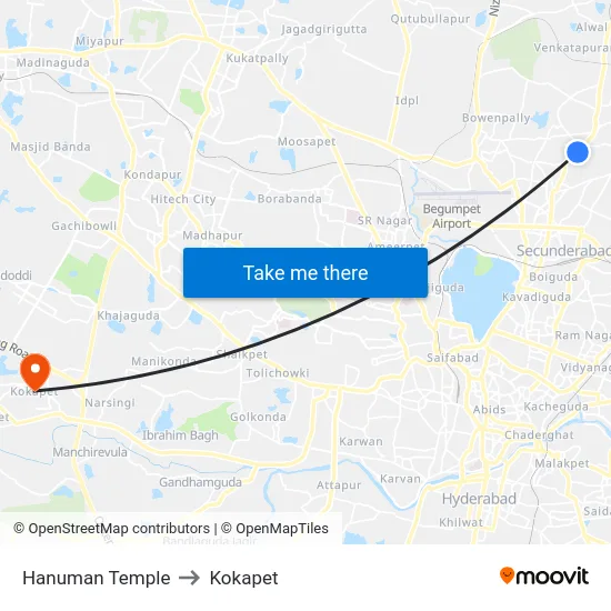 Hanuman Temple to Kokapet map