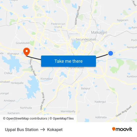 Uppal Bus Station to Kokapet map