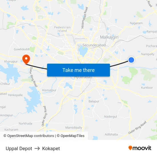 Uppal Depot to Kokapet map