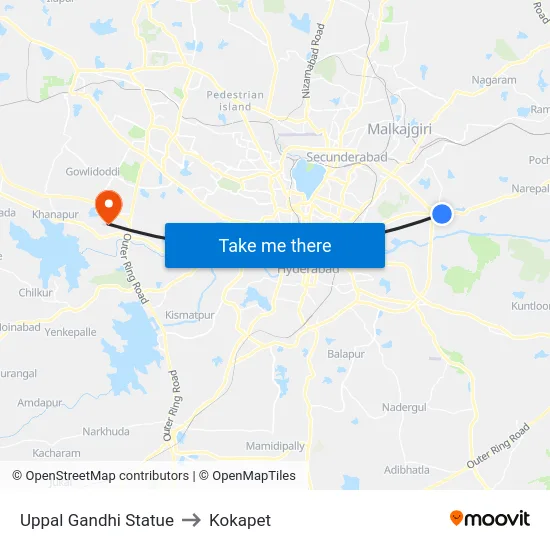 Uppal Gandhi Statue to Kokapet map