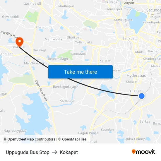 Uppuguda Bus Stop to Kokapet map