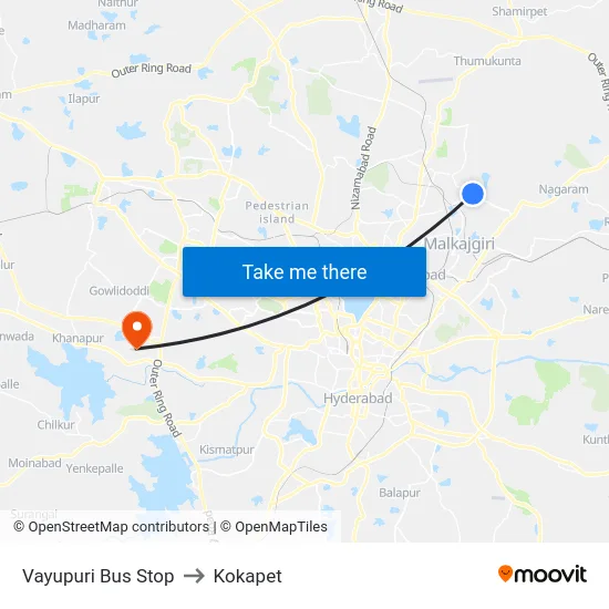 Vayupuri Bus Stop to Kokapet map