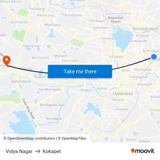 Vidya Nagar to Kokapet map