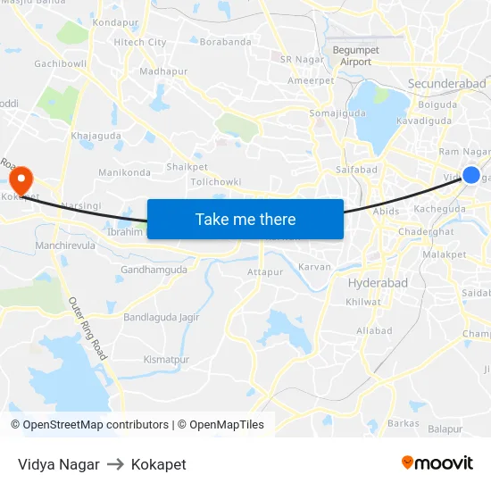Vidya Nagar to Kokapet map