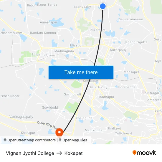 Vignan Jyothi College to Kokapet map