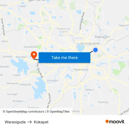 Warasiguda to Kokapet map