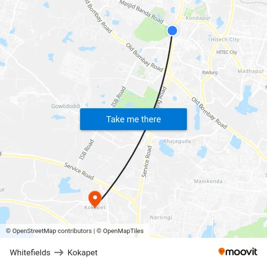 Whitefields to Kokapet map