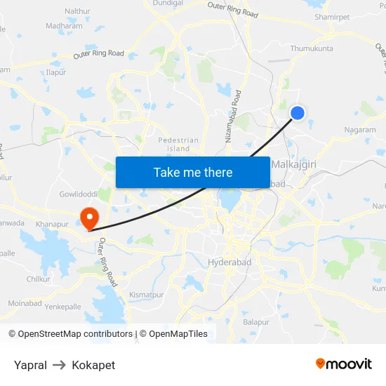 Yapral to Kokapet map