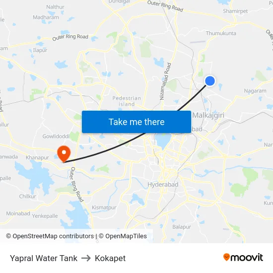 Yapral Water Tank to Kokapet map