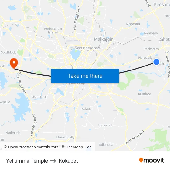 Yellamma Temple to Kokapet map