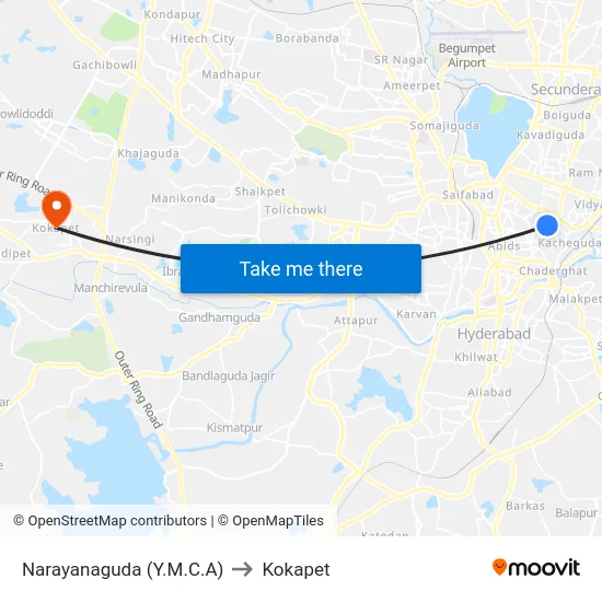Narayanaguda (Y.M.C.A) to Kokapet map