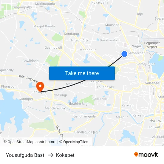 Yousufguda Basti to Kokapet map