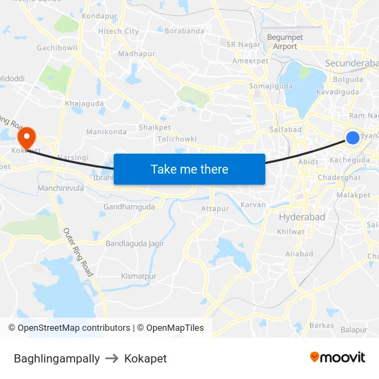 Baghlingampally to Kokapet map