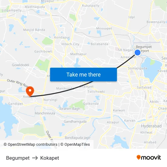 Begumpet to Kokapet map