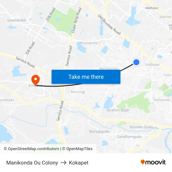 Manikonda Ou Colony to Kokapet map