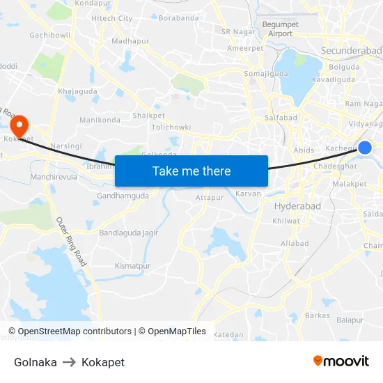 Golnaka to Kokapet map