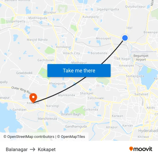 Balanagar to Kokapet map