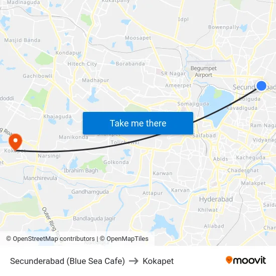 Secunderabad (Blue Sea Cafe) to Kokapet map