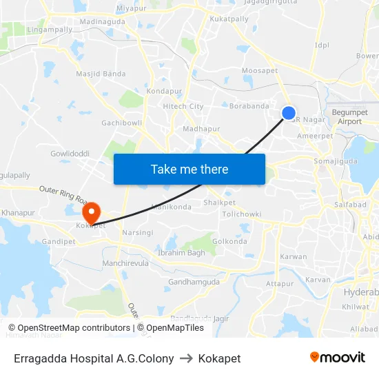 Erragadda Hospital A.G.Colony to Kokapet map