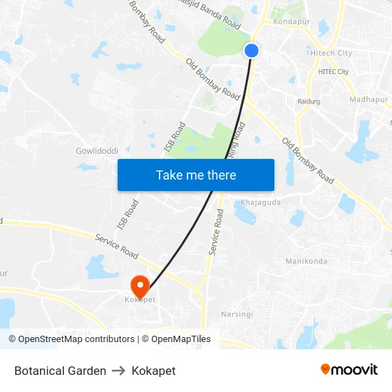 Botanical Garden to Kokapet map