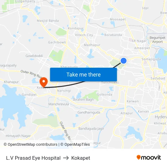 L.V Prasad Eye Hospital to Kokapet map