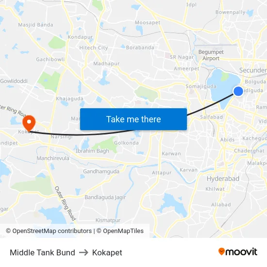 Middle Tank Bund to Kokapet map