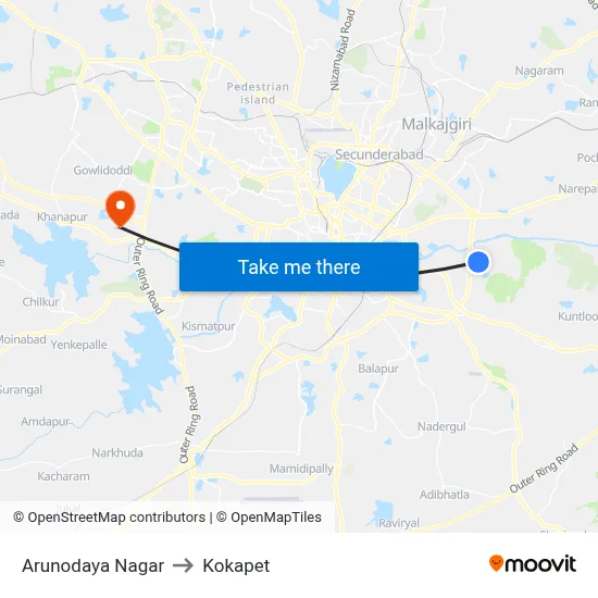 Arunodaya Nagar to Kokapet map