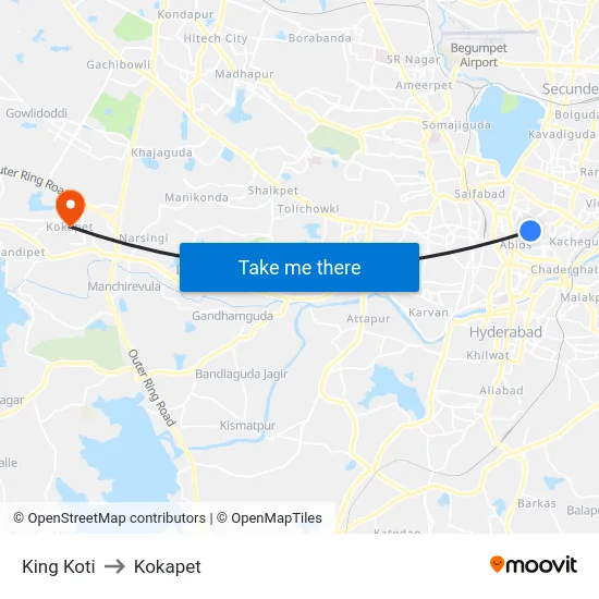 King Koti to Kokapet map