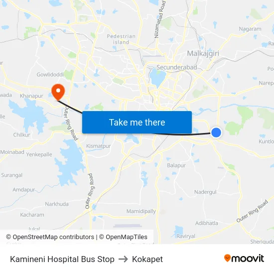 Kamineni Hospital Bus Stop to Kokapet map