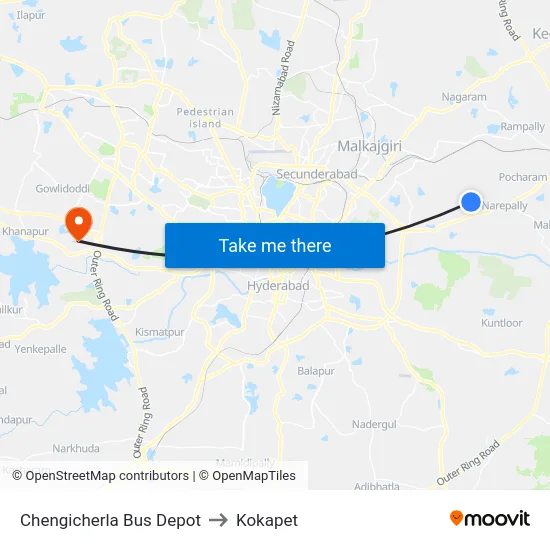 Chengicherla Bus Depot to Kokapet map