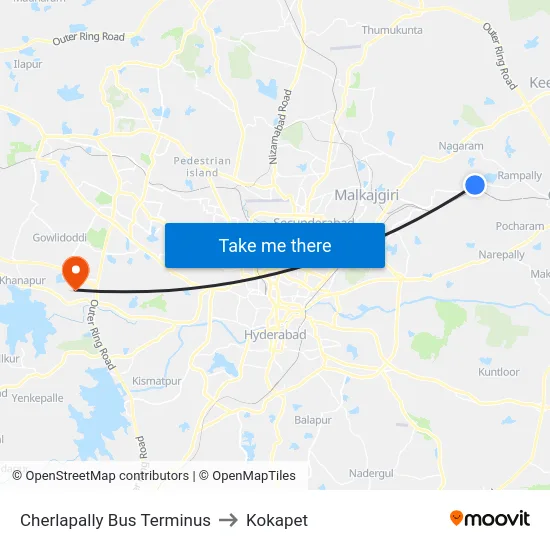 Cherlapally Bus Terminus to Kokapet map