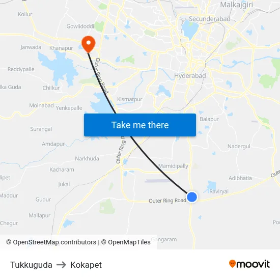 Tukkuguda to Kokapet map