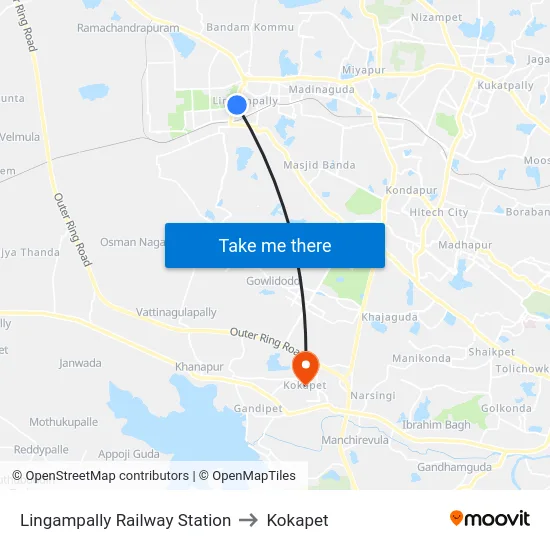 Lingampally Railway Station to Kokapet map