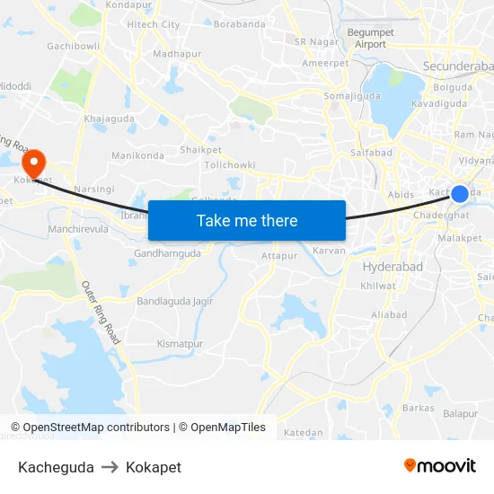 Kacheguda to Kokapet map