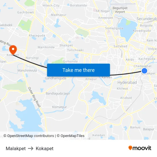 Malakpet to Kokapet map
