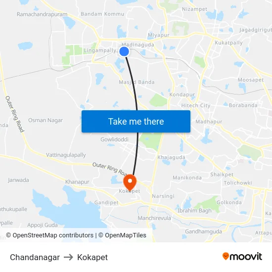 Chandanagar to Kokapet map