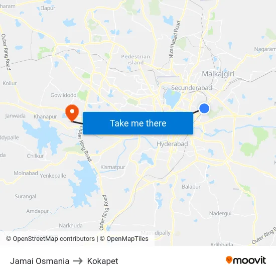 Jamai Osmania to Kokapet map