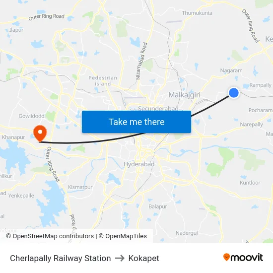Cherlapally Railway Station to Kokapet map
