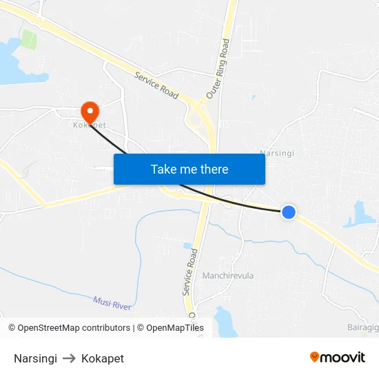 Narsingi to Kokapet map