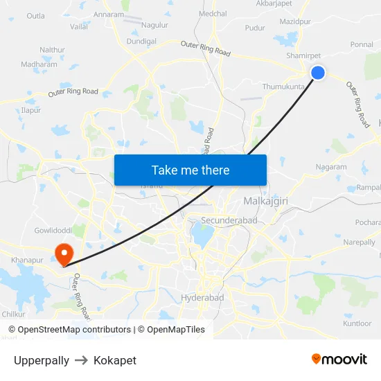 Upperpally to Kokapet map