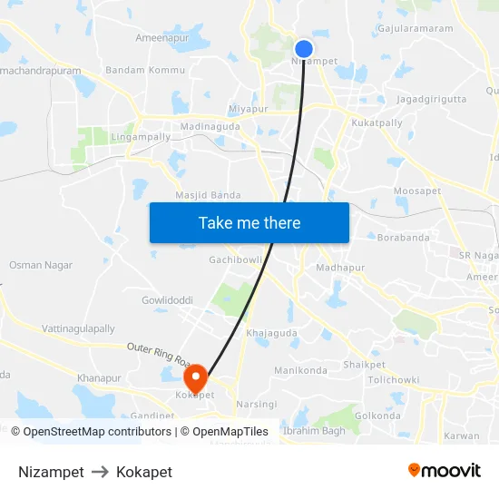 Nizampet to Kokapet map