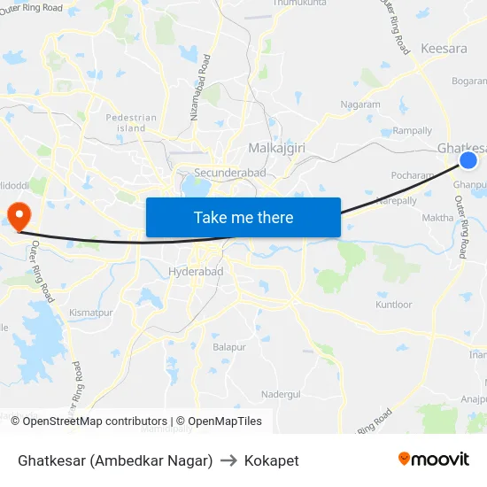 Ghatkesar (Ambedkar Nagar) to Kokapet map