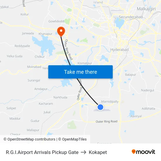 R.G.I.Airport Arrivals Pickup Gate to Kokapet map