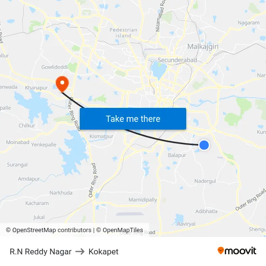 R.N Reddy Nagar to Kokapet map